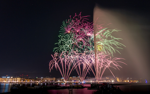 Fireworks over Lac Léman in Geneva, Switzerland, with Jet D'eau, 31/01/2022