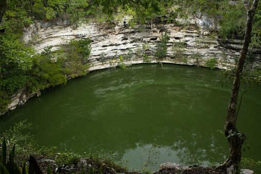 The Sacred Cenote is an open type cenote shown as a circular depression filled with water, located in Chichen Itza