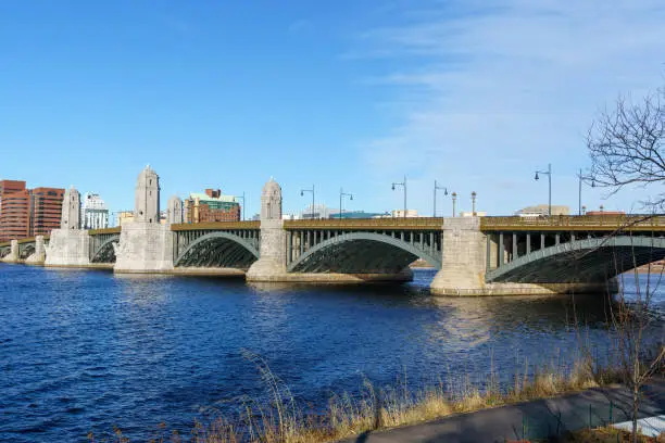 Longfellow Bridge over Charles River to Cambridge as viewed from Boston, Massachusetts, USA.