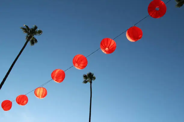 Red paper lanterns on blue sky with palm trees during Chinese new year lunar festival in Riverside, California, USA.