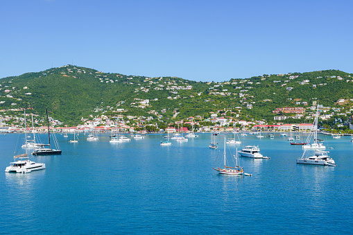 Boats in the harbor of Charlotte Amalie from Havensight at St. Thomas US Virgin Islands.