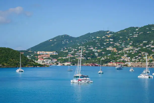 Variety of boats in the harbor of Charlotte Amalie at St. Thomas US Virgin Islands USVI in the Caribbean.