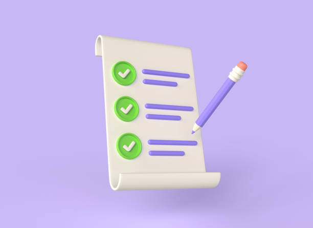 istock 3D clipboard with completed task list, pencil and green checkmark. Checklist with successfully completed business tasks. Project plan document. illustration isolated on purple background. 3d rendering 1457194397
