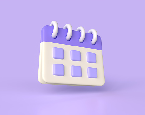 3d calendar in cartoon style. the concept of planning and reminders in the form of notifications of cases or meetings. illustration isolated on purple background. 3d rendering