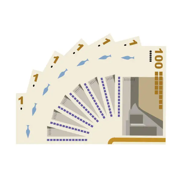 Vector illustration of Danish Krone Vector Illustration. Denmark, Greenland, Faroe Islands money set banknotes. Paper money 100 Kr. Flat style. Isolated on white background. Simple minimal design.