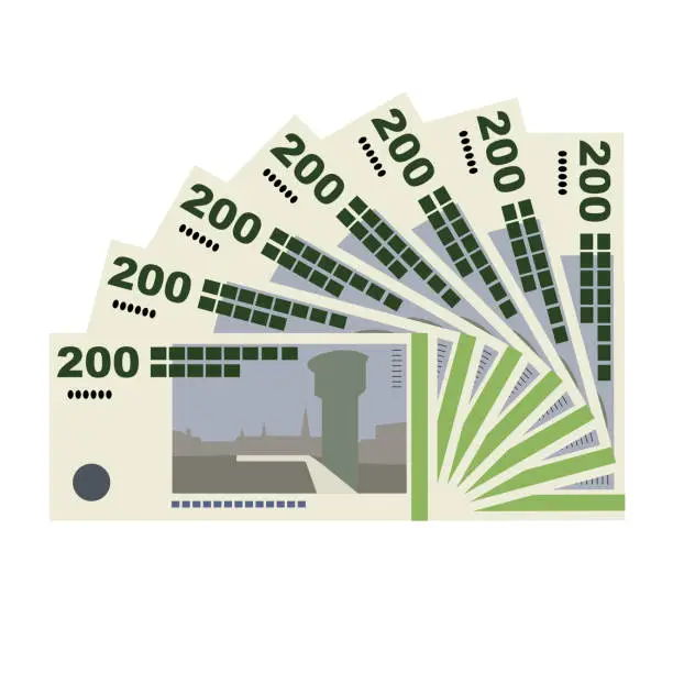 Vector illustration of Danish Krone Vector Illustration. Denmark, Greenland, Faroe Islands money set banknotes. Paper money 200 Kr. Flat style. Isolated on white background. Simple minimal design.