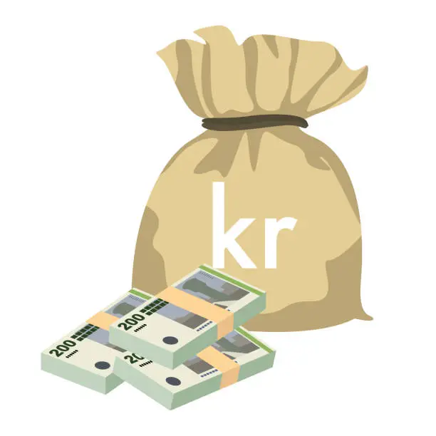 Vector illustration of Danish Krone Vector Illustration. Denmark, Greenland, Faroe Islands money set banknotes. Money bag 200 Kr. Flat style. Isolated on white background. Simple minimal design.