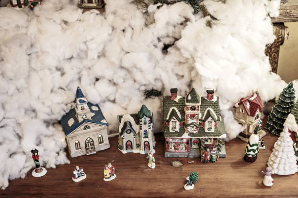 Christmas decoration toy city. Close-up with Christmas illumination