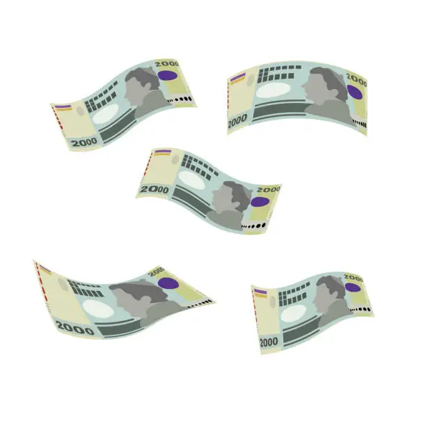 Vector illustration of Peso Uruguayo Vector Illustration. Uruguay money set bundle banknotes. Falling, flying money 2000 UYU. Flat style. Isolated on white background. Simple minimal design.