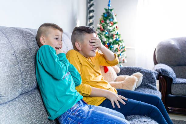 istock Bothers watching some scary movie hide eyes with hands, together with teddy bear 1457196010