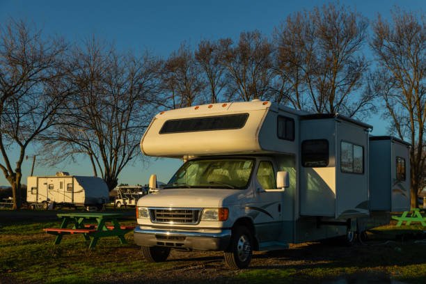 istock Recreational vehicle campsite sunrise 1457199625