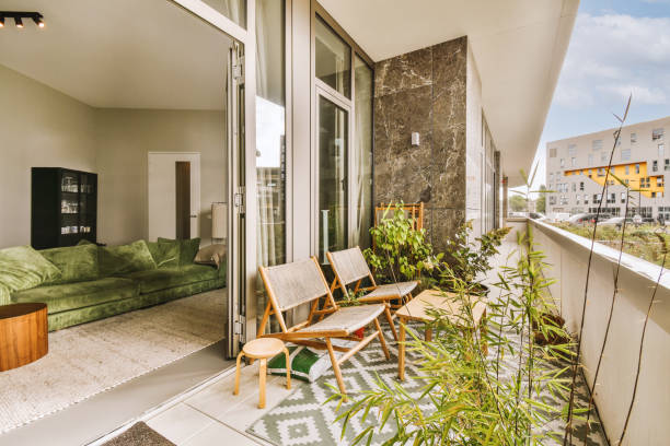 istock Narrow balcony with chair and door 1457199906
