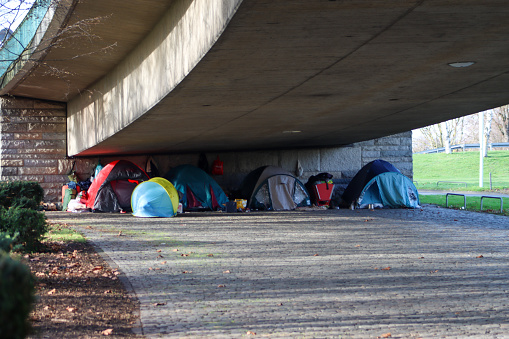 Homeless tents under a bridge in Cologne