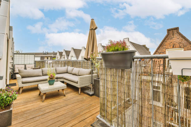 istock Narrow balcony with chair and door 1457201809