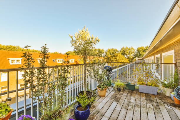 istock Bright balcony with chair and door 1457202372