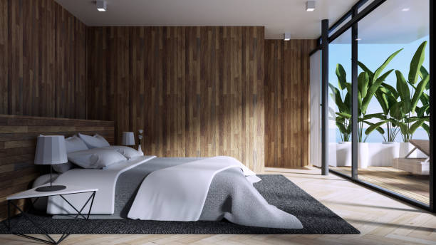istock Luxury pool villa bedroom sea view on beach - 3D rendering 1457206058