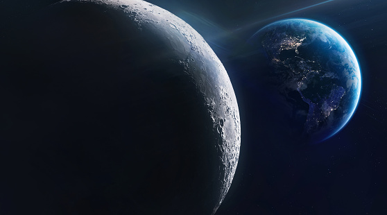 Moon and Earth at night. Cities light. Planet and satellite. Moon surface. Deep space with stars. Exploration of solar system. Elements of this image furnished by NASA (url:https://images-assets.nasa.gov/image/PIA00405/PIA00405~small.jpg https://eoimages.gsfc.nasa.gov/images/imagerecords/79000/79765/dnb_land_ocean_ice.2012.3600x1800.jpg)