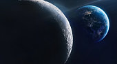 Moon and Earth at night. Cities light. Planet and satellite. Moon surface. Deep space with stars. Exploration of solar system. Elements of this image furnished by NASA