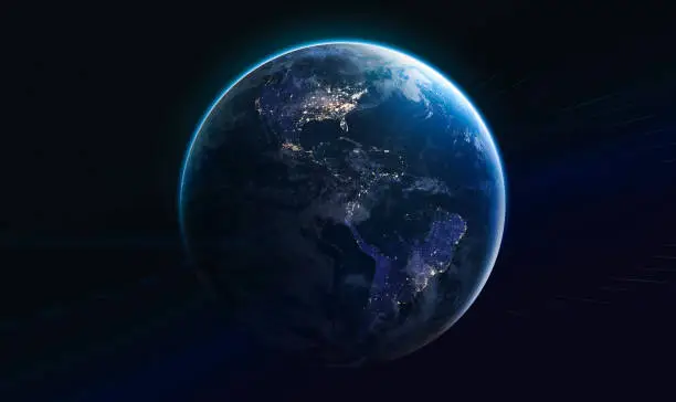 Earth planet at night into the dark. Cities light. Earth in deep space with stars. Planet sphere. Elements of this image furnished by NASA (url: https://eoimages.gsfc.nasa.gov/images/imagerecords/79000/79765/dnb_land_ocean_ice.2012.3600x1800.jpg)