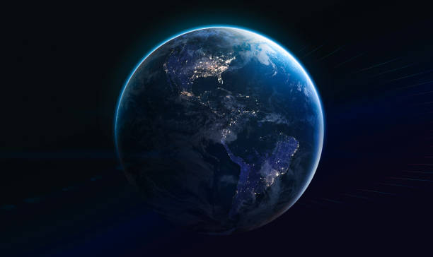 earth planet at night into the dark. cities light. earth in deep space with stars. planet sphere. elements of this image furnished by nasa - planeta terra imagens e fotografias de stock