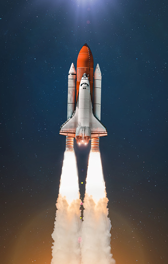 Space shuttle flight in outer space. Launch of rocket with astronauts. Mission of spaceship. Elements of this image furnished by NASA (url:https://www.nasa.gov/sites/default/files/styles/full_width_feature/public/images/164234main_image_feature_713_ys_full.jpg)