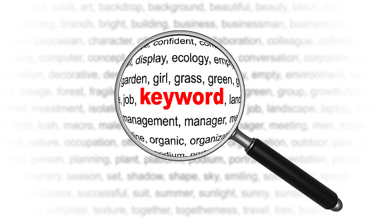 Magnification glass and keywords. Finding keywords concept. Search engine optimization 3d rendering