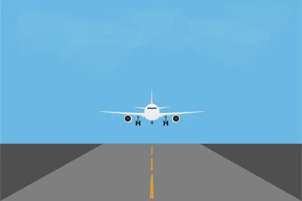 Vector illustration of the plane lands on the runway at the airport