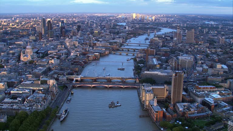 Thames River, aerial tracking shot through London