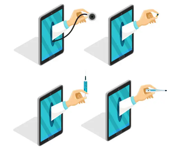 Vector illustration of Telemedicine and healthcare concept in flat style. The doctor's hand holds medical items from the screen of a portable device. Isometric set.