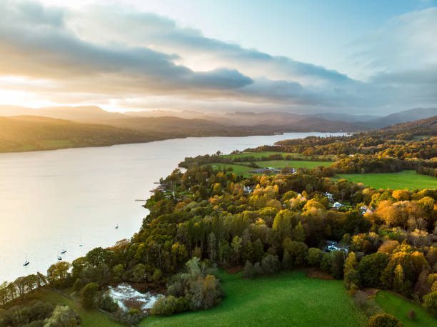 Aerial view of Windermere lake, the largest natural lake in both the Lake District and in England, Cumbria, UK stock photo