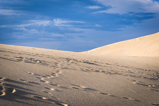 Footprints on sand dunes in sunlight on beach.
