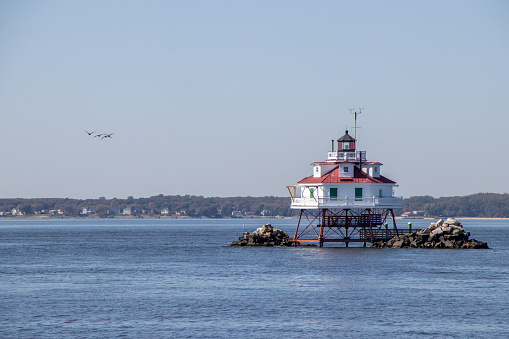 Annapolis, Maryland, United States - October 11, 2022: Thomas Point Shoal Lighthouse was built in 1875 and is located south of Annapolis. It is the last \