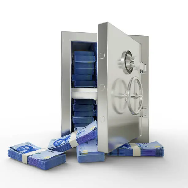 Photo of Bundles of Nigerian naira in Steel safe box. 3D rendering of stacks of money inside metallic vault isolated on white background, Financial protection concept, financial safety.