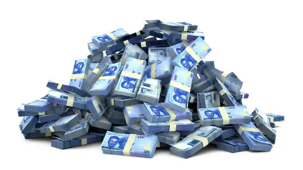 Photo of Big pile of 1000 Nigerian naira notes a lot of money over white background. 3d rendering of bundles of cash