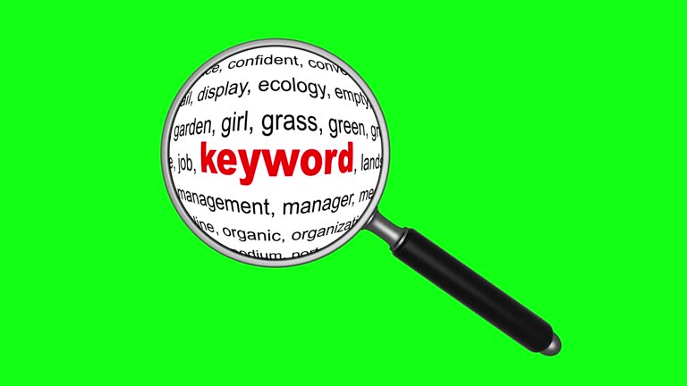 Seamless loop. Magnification glass and keywords isolated on green background. Finding keywords concept. Search engine optimization. Chroma Key