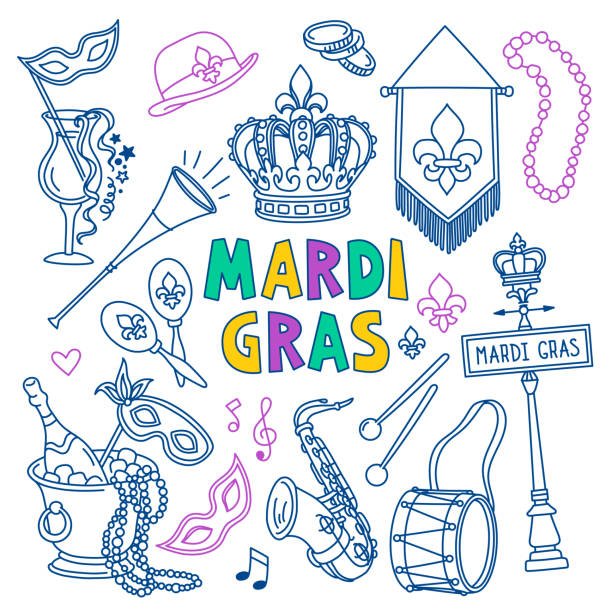 illustrazioni stock, clip art, cartoni animati e icone di tendenza di set di doodle del mardi gras. maschere di carnevale e decorazioni per feste. - mardi gras new orleans mask bead