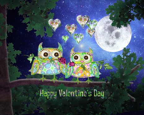 Owls in Love. Happy Valentine's Day message. Two embroidered owls carrying roses meet in a tree under a full moon. Retro collage style.