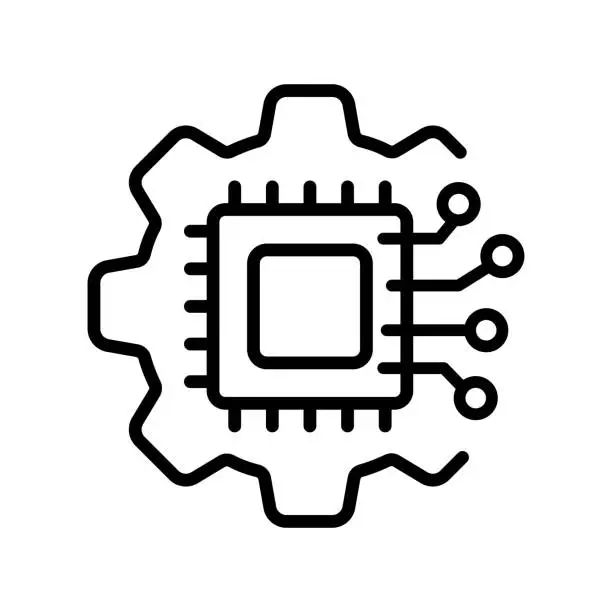 Vector illustration of Electronic chip with neural network line icon. CPU, central processing unit, device, motherboard, printed circuit board, computer. Technology concept. Vector line icon on white background