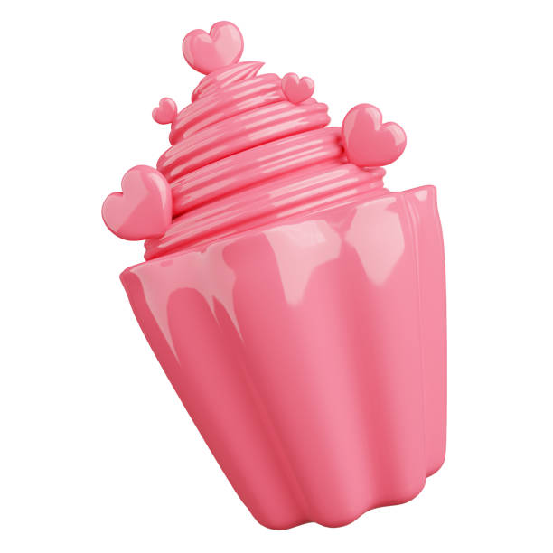 3d rendering of pink cupcake with heart icon.