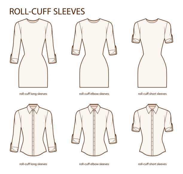 Set of roll-cuff sleeves elbow, short and long length men shirt with button clothes technical fashion illustration with fitted body. Flat apparel template front side. Women, men unisex CAD mockup Set of roll-cuff sleeves elbow, short and long length men shirt with button clothes technical fashion illustration with fitted body. Flat apparel template front side. Women, men unisex CAD mockup wedding dress back stock illustrations