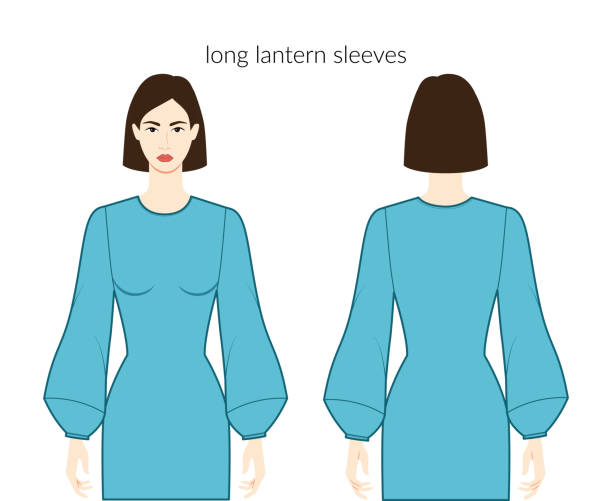 Lantern sleeves long length clothes character beautiful lady in blue top, shirt, dress technical fashion illustration, fitted body. Flat apparel template front, back sides. Women men unisex CAD mockup Lantern sleeves long length clothes character beautiful lady in blue top, shirt, dress technical fashion illustration, fitted body. Flat apparel template front, back sides. Women men unisex CAD mockup wedding dress back stock illustrations