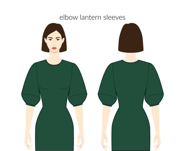 Lantern sleeves clothes character beautiful lady in emerald top, shirt, dress technical fashion illustration with elbow length. Flat apparel template front, back sides. Women, men unisex CAD mockup Lantern sleeves clothes character beautiful lady in emerald top, shirt, dress technical fashion illustration with elbow length. Flat apparel template front, back sides. Women, men unisex CAD mockup wedding dress back stock illustrations