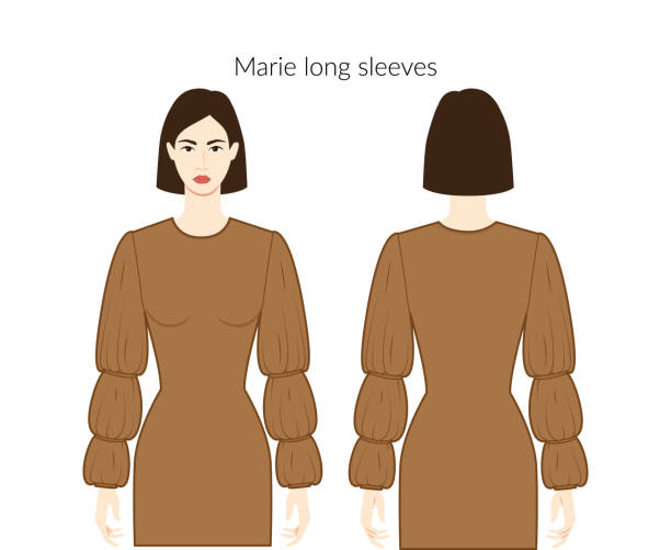 Marie sleeves long length clothes character beautiful lady in brown top, shirt, dress technical fashion illustration, fitted body. Flat apparel template front, back sides. Women, men unisex CAD mockup Marie sleeves long length clothes character beautiful lady in brown top, shirt, dress technical fashion illustration, fitted body. Flat apparel template front, back sides. Women, men unisex CAD mockup wedding dress back stock illustrations