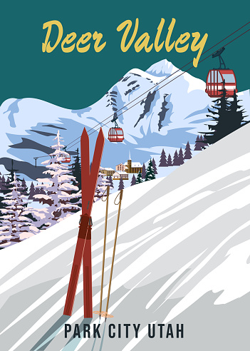 Travel poster Ski Deer Valley resort vintage. USA winter landscape travel view, skis on the snow mountain, retro. Vector illustration