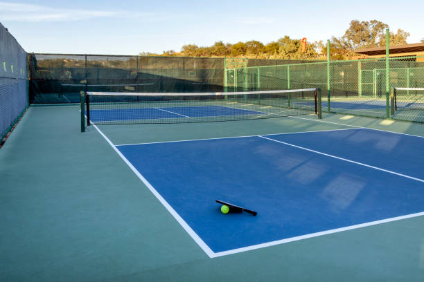 istock Pickleball paddle and ball on court 1457235877