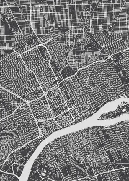 Vector illustration of City map Detroit, monochrome detailed plan, vector illustration