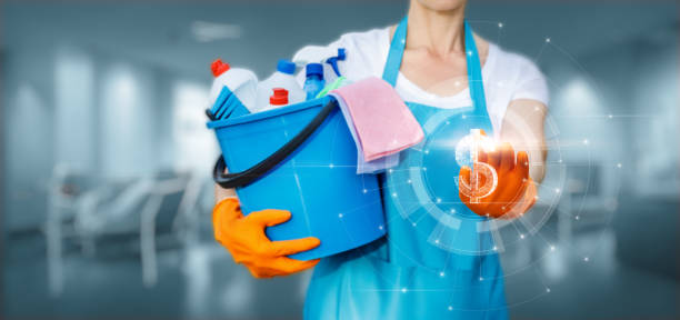 istock The cleaning lady clicks on the calculation icon . 1457236642