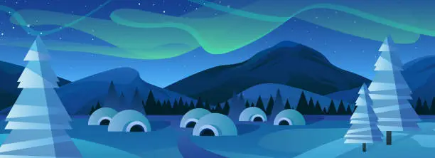 Vector illustration of Winter landscape with mountains and Northern Lights, snowy scene with cute igloo