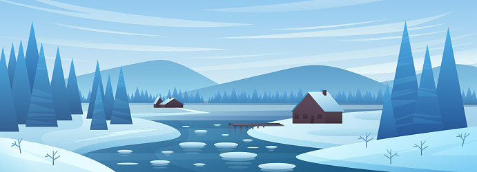 Winter snowy river landscape vector illustration. Cartoon snow and ice on hills and water of nature tranquil scenery, scenic fishing village with houses and frozen pine trees, mountains on horizon