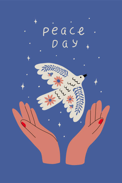 ilustrações de stock, clip art, desenhos animados e ícones de beautiful card with hands and dove of peace. world peace. vector illustration. elements for print, clothing, poster, flyer and other. - humanism